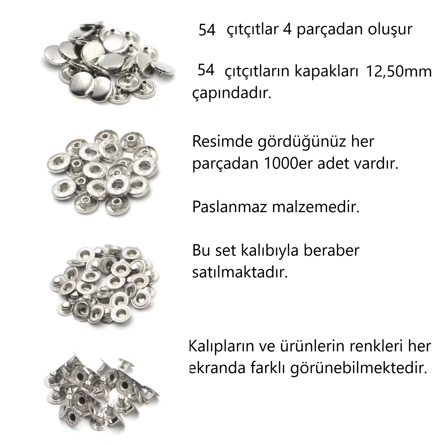 Kalıbıyla beraber 12,5mm Paslanmaz Nikel Çıtçıt (1000 Takım)